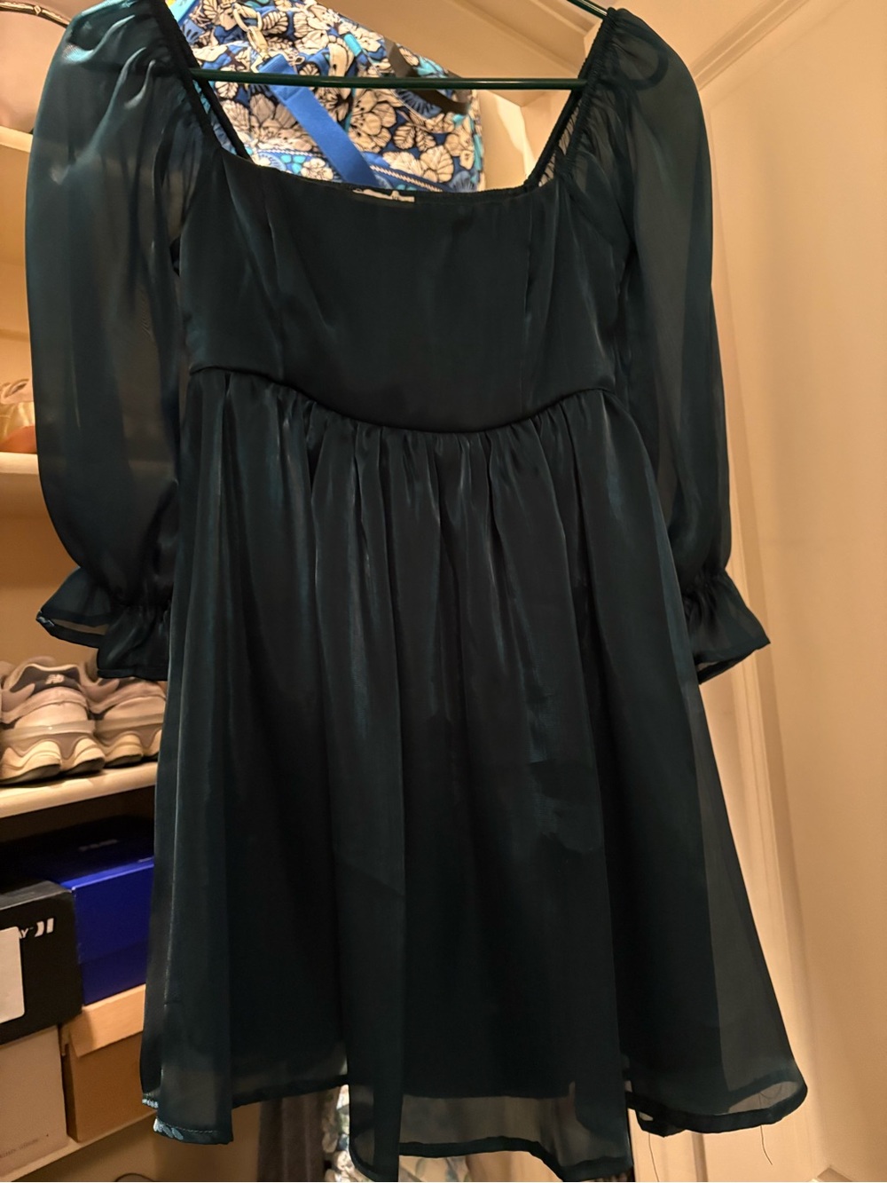 Green Iridescent Taffeta Long Sleeve Dress